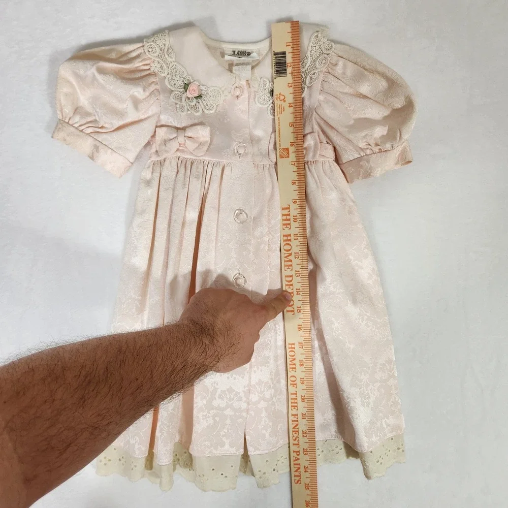 Vintage Little Penguin Girls Pink Damask Lace Dress Size 4 Rose Eyelet USA Made